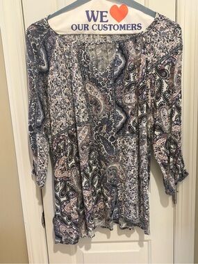 ONE WORLD Paisley Tunic Top in Blue, White & Pink